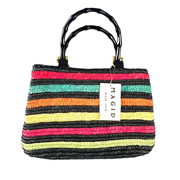 MAGID Multi Colored Striped Wheat Straw Double Wooden Handle Satchel - Picture 2 of 14